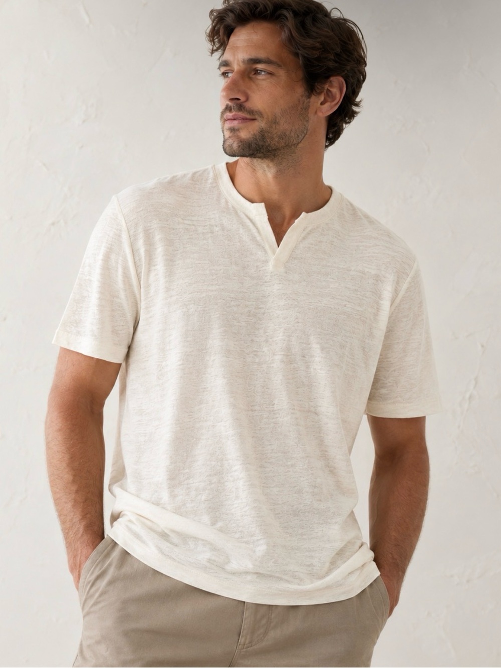 Banana Republic Linen Blend Notch Neck T-Shirt Men’s XL Tall Off White NWT